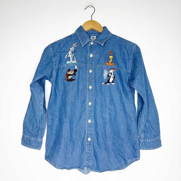 Warner Brothers Studio Store Kids Denim Button-Up Shirt Looney Tunes Size Large - Picture 1 of 5